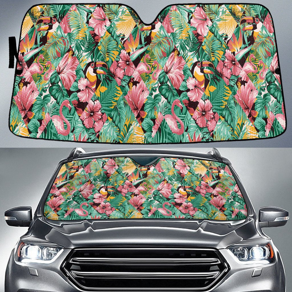 Amazing Parrot And Flamingo Couple Over Tropical Leaves Checkered Board Car Sun Shades Cover Auto Windshield Coolspod
