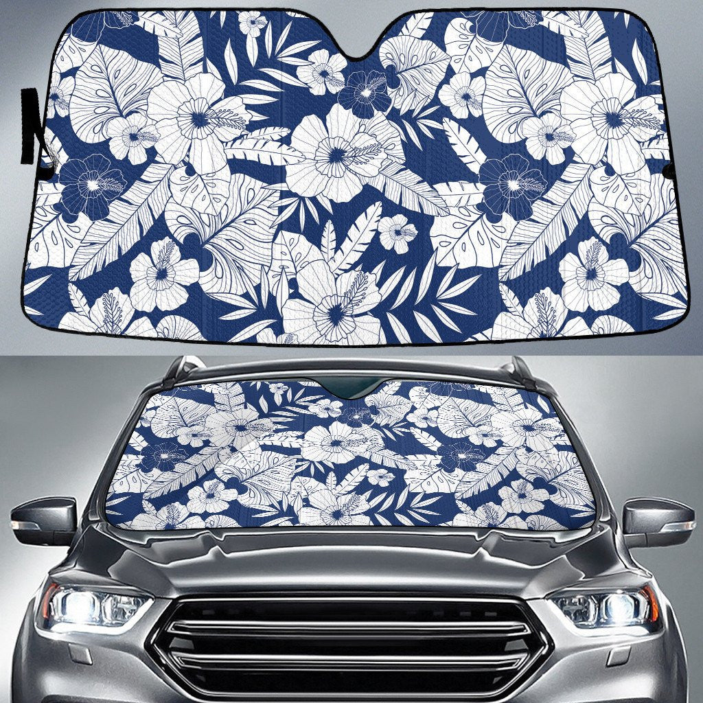 White And Blue Hibiscus Flower And Tropical Leaf Hand Drawing Style Car Sun Shades Cover Auto Windshield Coolspod