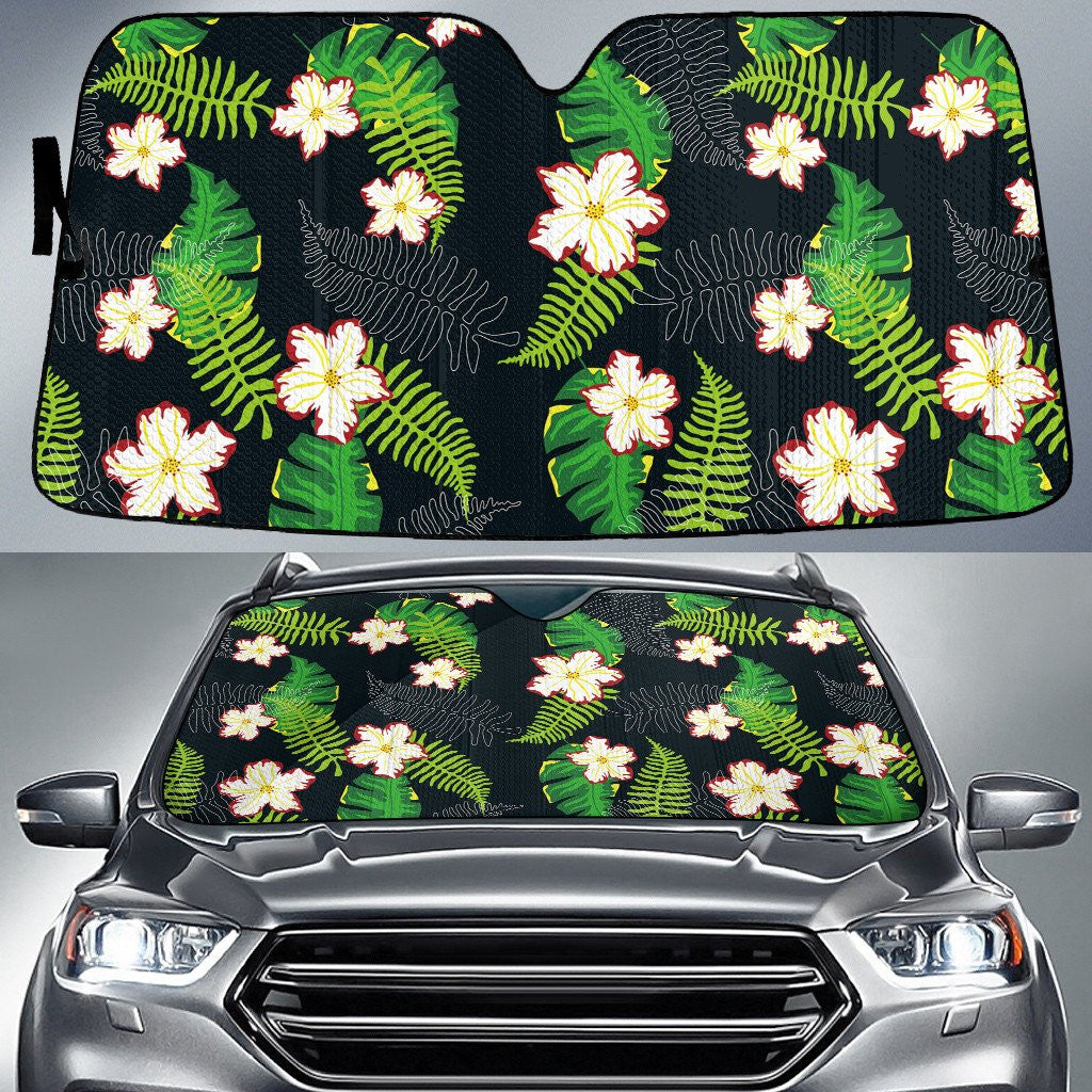 White Red Hibiscus Flower And Fern Leaf Black Theme Car Sun Shades Cover Auto Windshield Coolspod