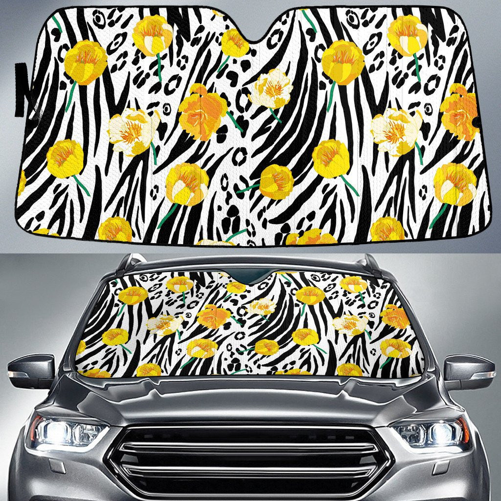 Yellow Damask Rose Leopard And Zebra Skin Texture Car Sun Shades Cover Auto Windshield Coolspod