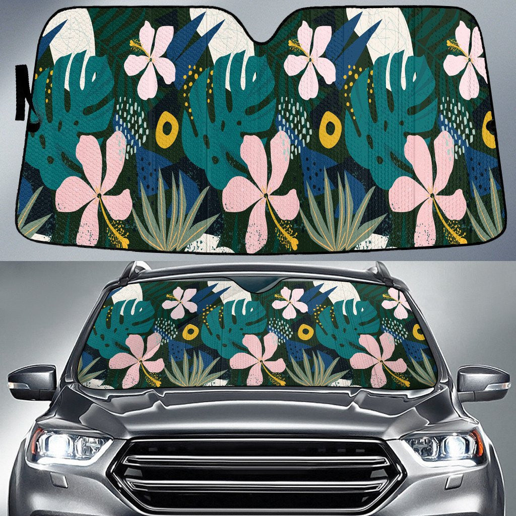 Pink Hawaiian Hibiscus Flower Over Monstera Leaf Colorful Hand Drawing Car Sun Shades Cover Auto Windshield Coolspod