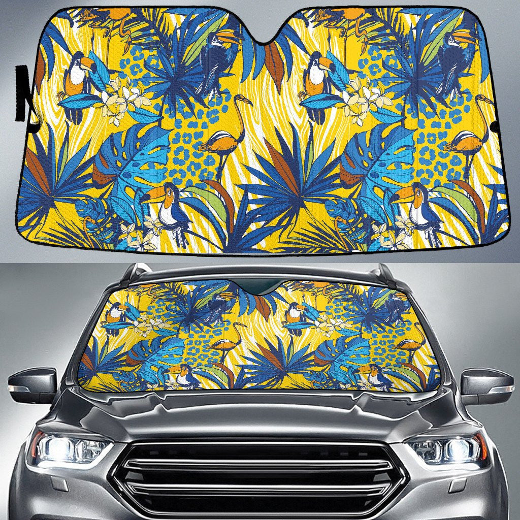 Colorful Parrots Blue Monstera Leaf Blue Leopard Skin Pattern Car Sun Shades Cover Auto Windshield Coolspod