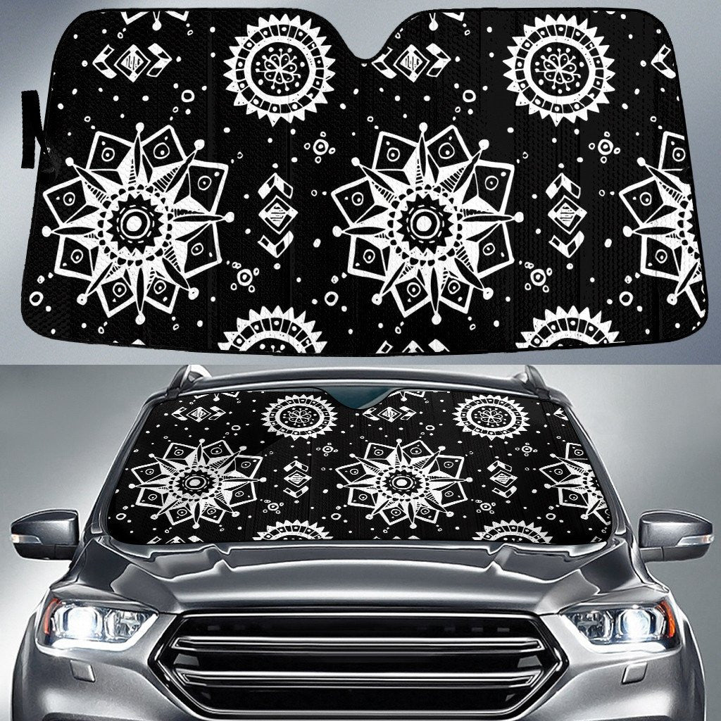 Black White Vintage Compass Paisley Pattern Illustration Texture Car Sun Shades Cover Auto Windshield Coolspod