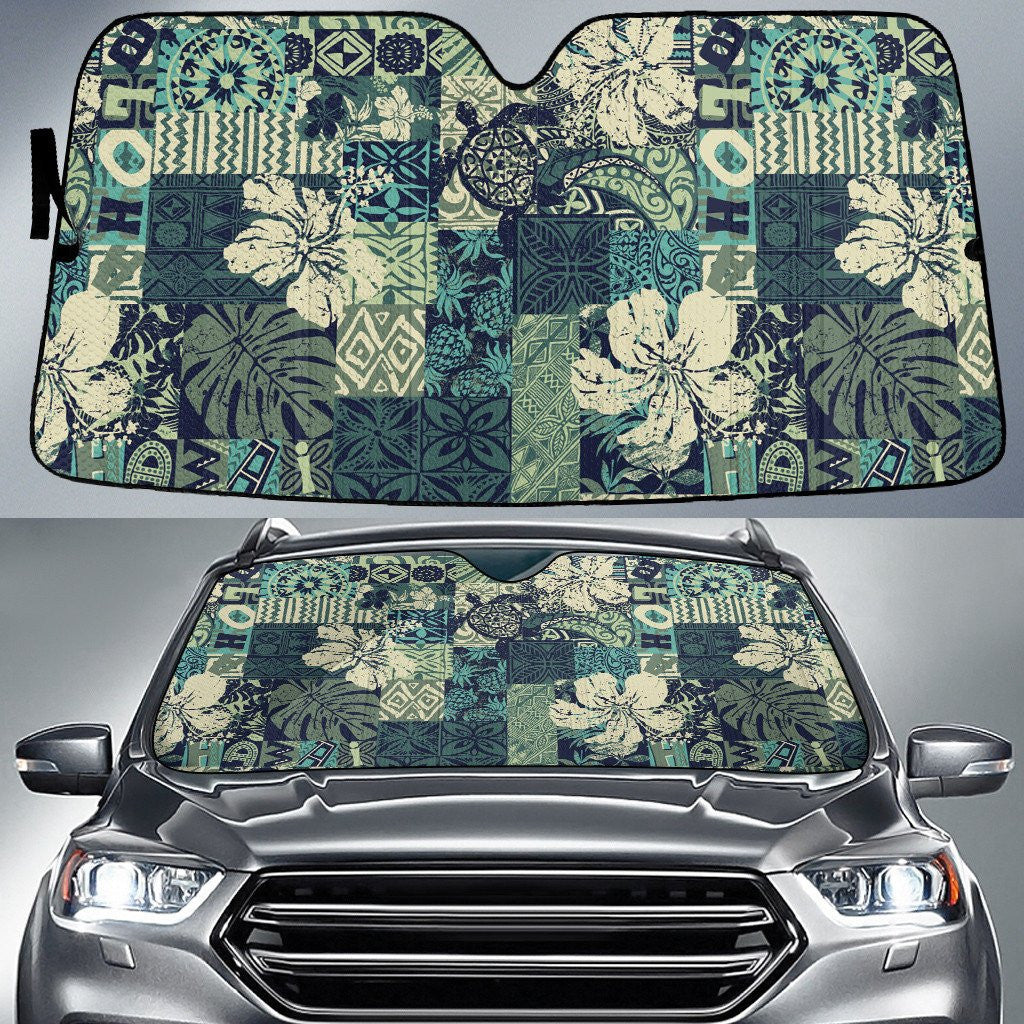 Hawaiian Hibiscus Flower And Monstera Leaf Vintage Pattern Green Tone Car Sun Shades Cover Auto Windshield Coolspod