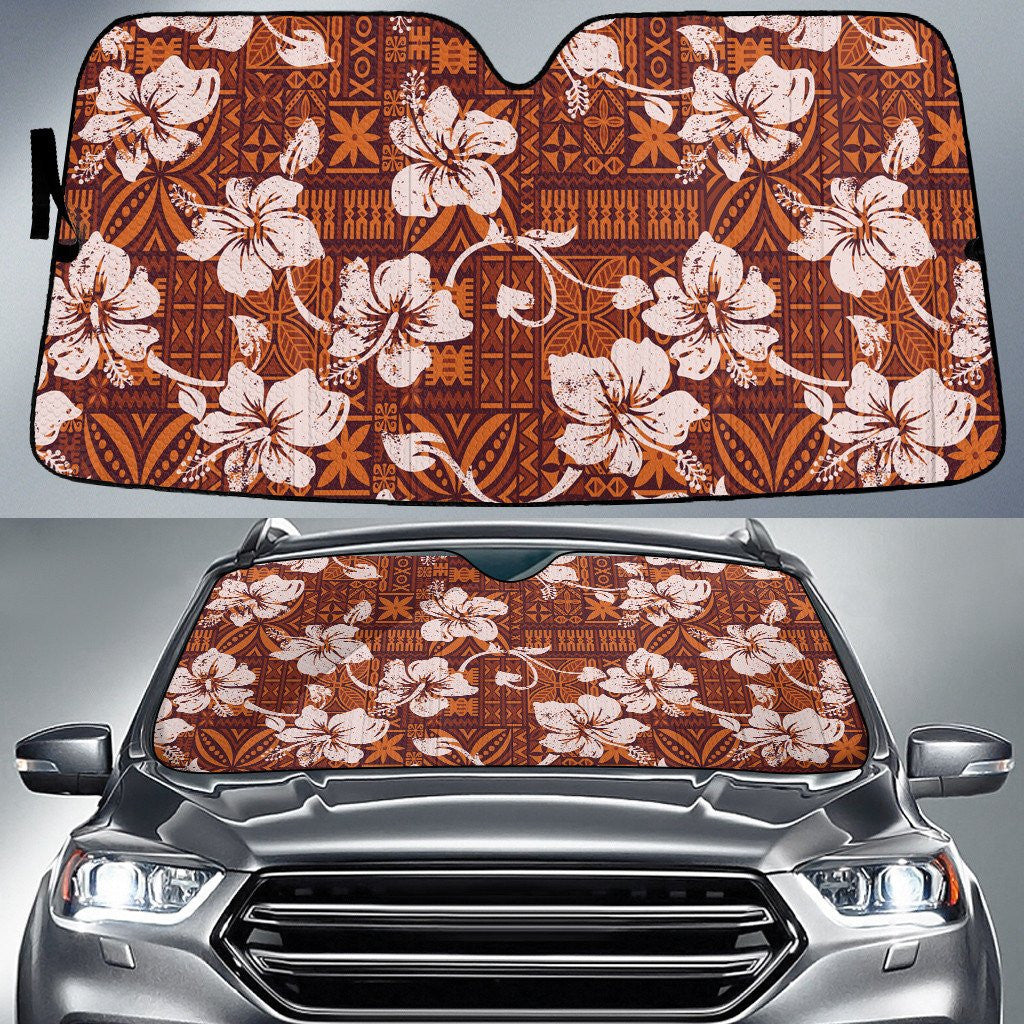 White Chinese Hibiscus Flower Over Orange Tribal Pattern Car Sun Shades Cover Auto Windshield Coolspod