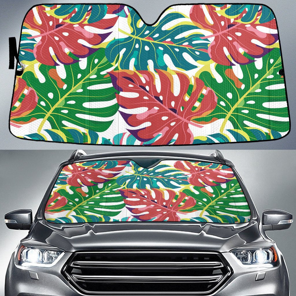 Colorful Monstera Leaves White Theme Car Sun Shades Cover Auto Windshield Coolspod
