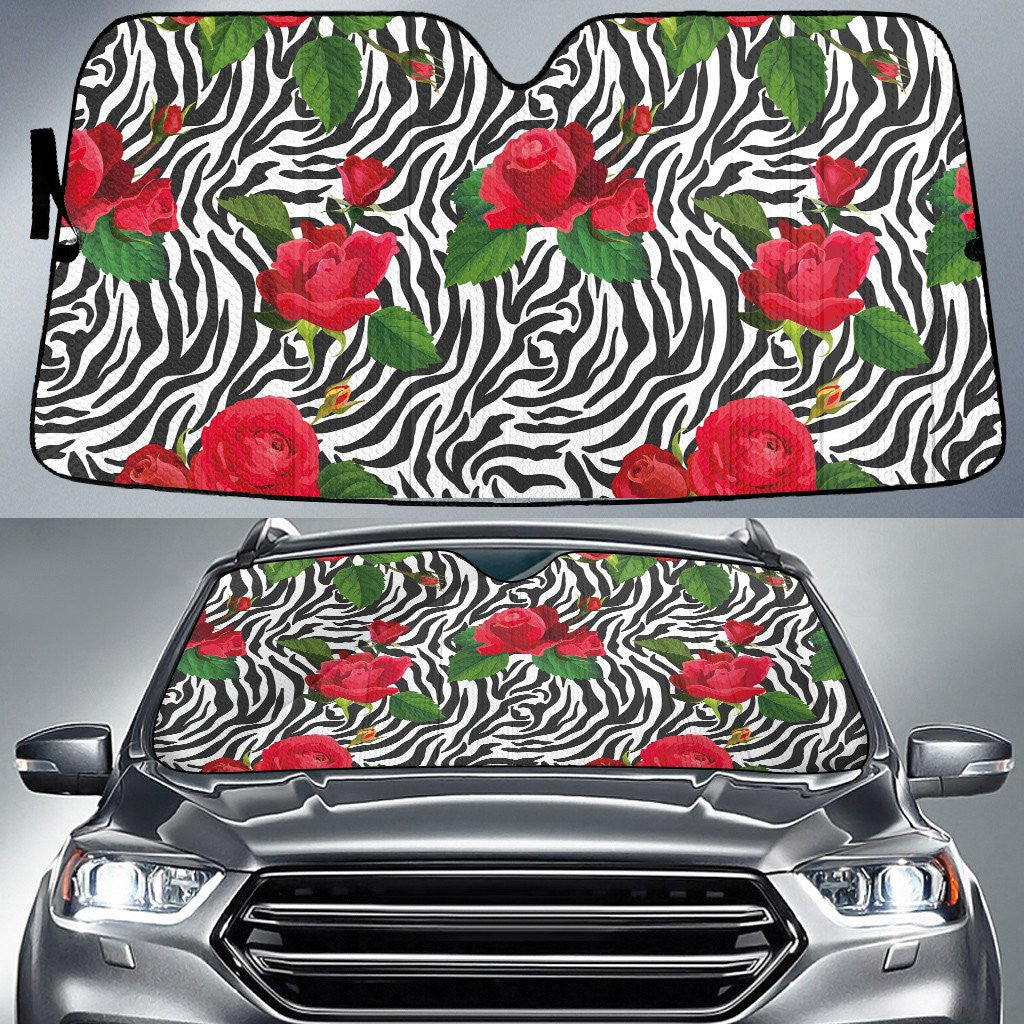 Red Roses Over Zebra Skin Texture All Over Print Car Sun Shades Cover Auto Windshield Coolspod