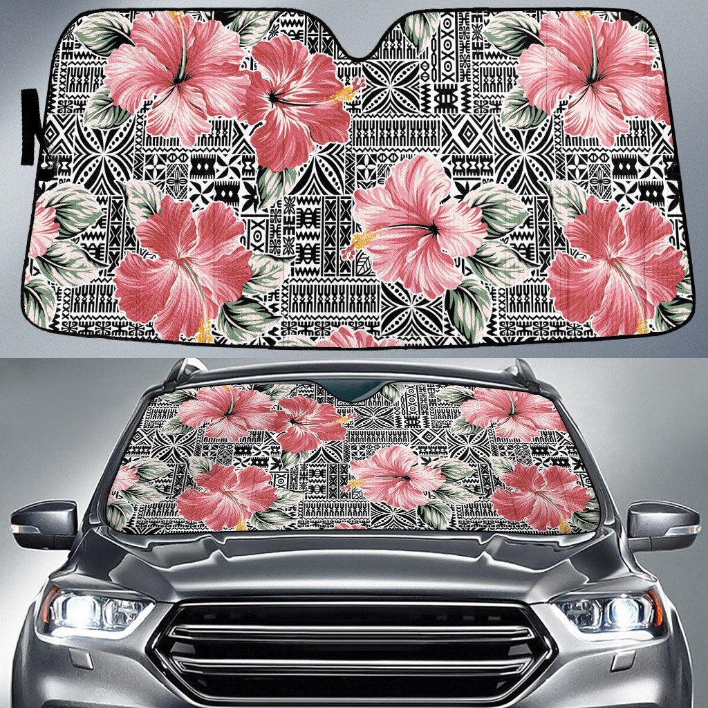 Red Hawaiian Hibiscus Flower Over Black White Tribal Pattern Car Sun Shades Cover Auto Windshield Coolspod