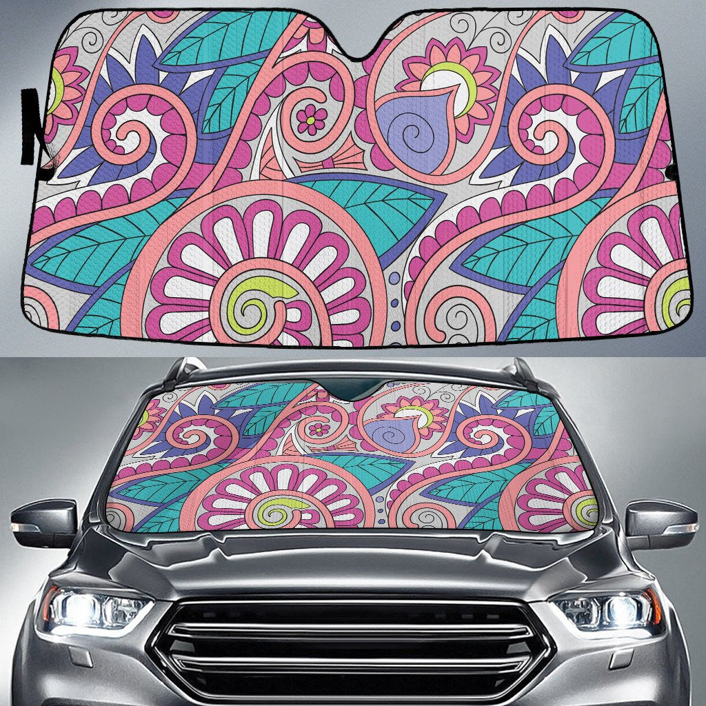 Colorful Flower And Leaf Hand Drawing Style Grey Theme Car Sun Shades Cover Auto Windshield Coolspod