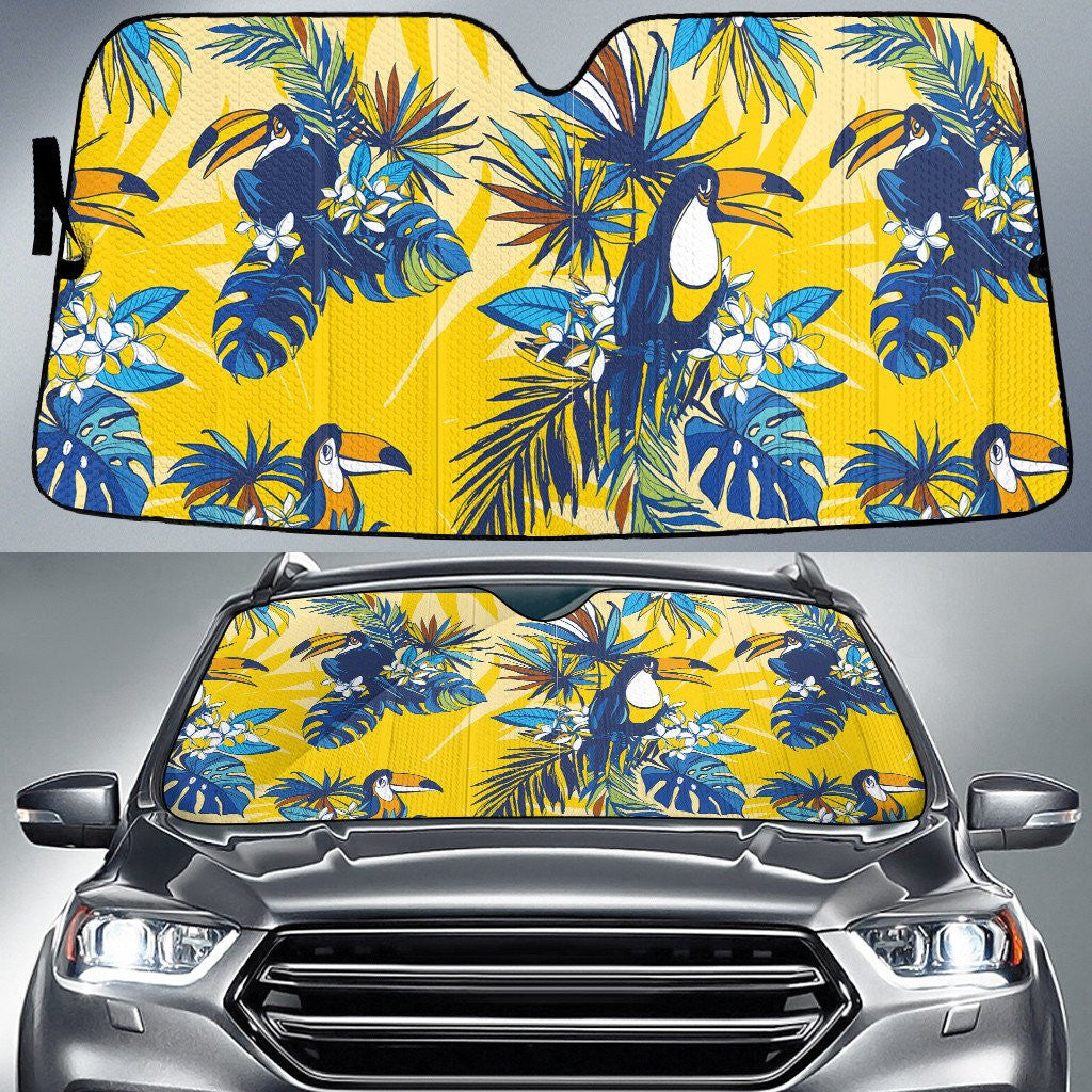 Blue Cute Parrots Landing On Monstera Leaf Yellow Theme Car Sun Shades Cover Auto Windshield Coolspod