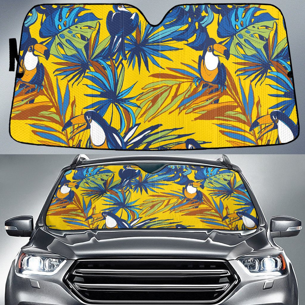 Blue Cute Parrots Landing On Acera Leaf Yellow Theme Car Sun Shades Cover Auto Windshield Coolspod