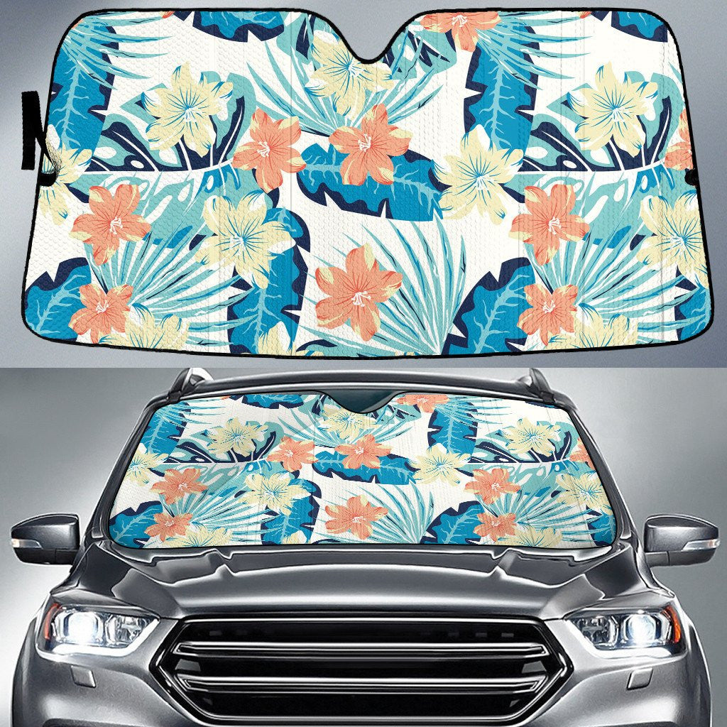 Yellow And Orange Chinese Hibiscus Flower Banana Leaf White Theme Car Sun Shades Cover Auto Windshield Coolspod