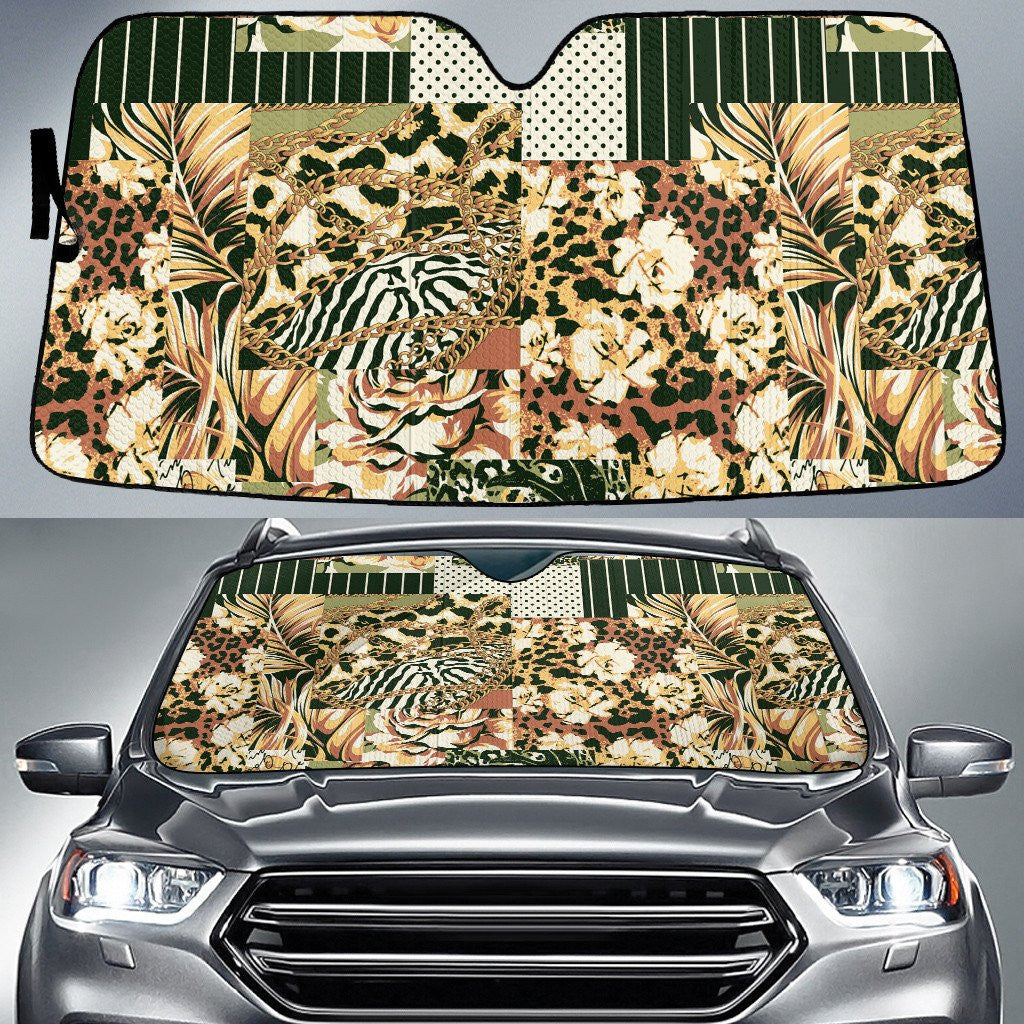 Yellow Hawaiian Hibiscus Flower And Chain Leopard Skin Texture Car Sun Shades Cover Auto Windshield Coolspod
