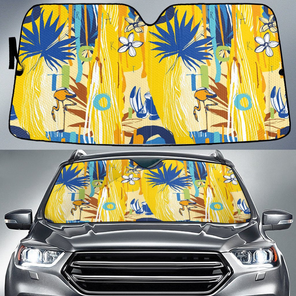 Plumeria Flower And Flamingo Animal Yellow Theme Car Sun Shades Cover Auto Windshield Coolspod