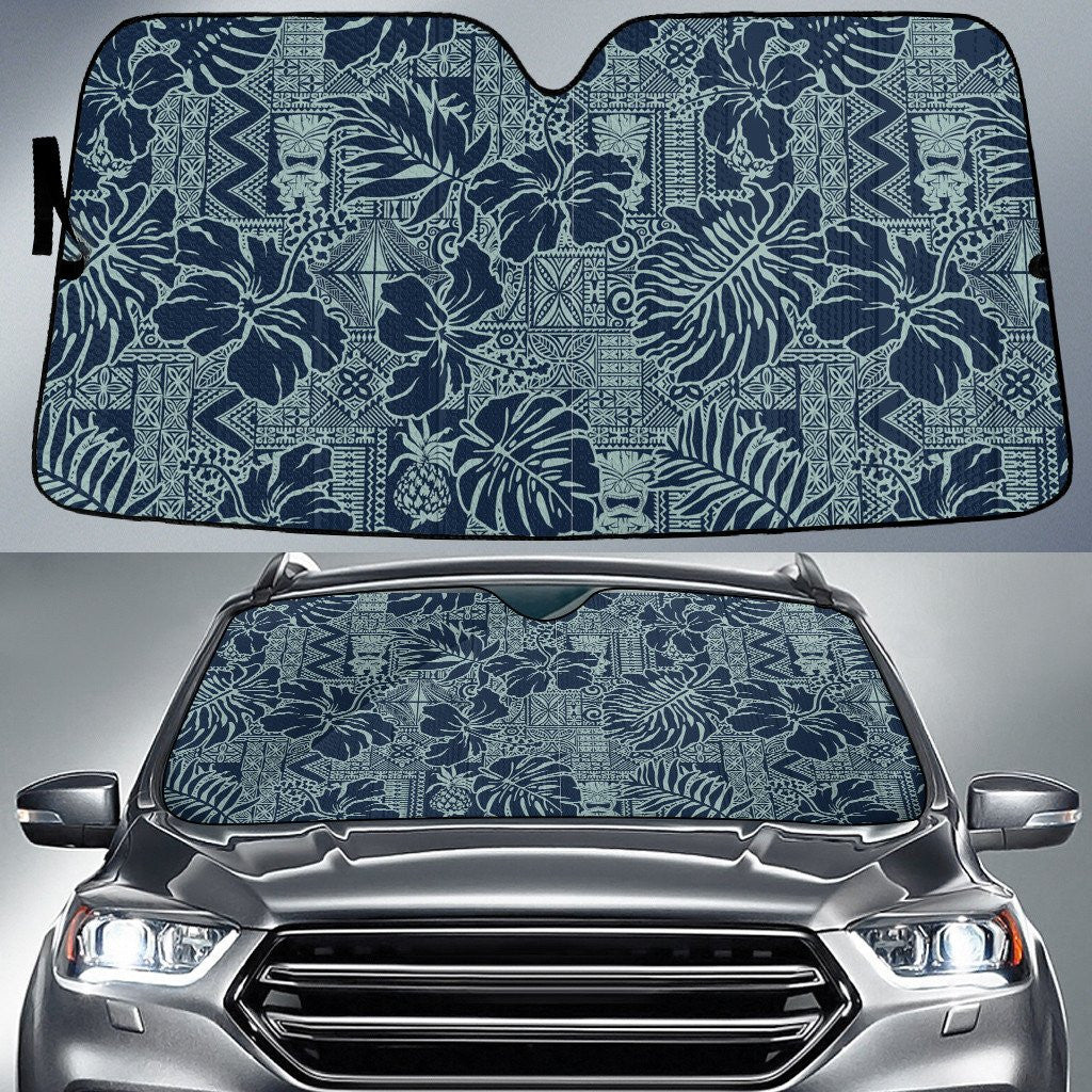 Blue Hawaiian Hibiscus Flower Over Vintage Tribal Pattern Car Sun Shades Cover Auto Windshield Coolspod