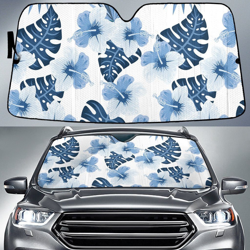 White Hawaiian Hibiscus Flower And Monstera Leaf Cartoon Style Car Sun Shades Cover Auto Windshield Coolspod