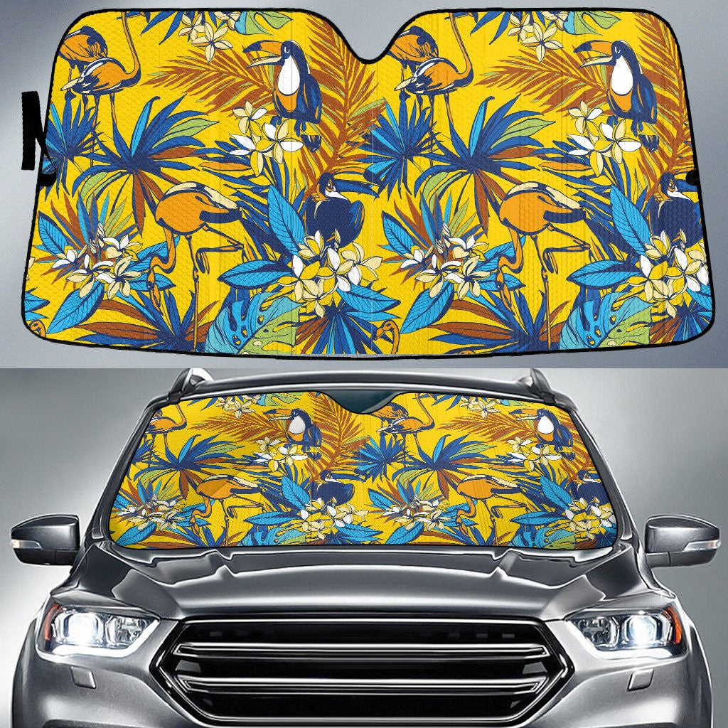 Colorful Parrots And Flamingo Blue Tropical Leaves Pattern Car Sun Shades Cover Auto Windshield Coolspod