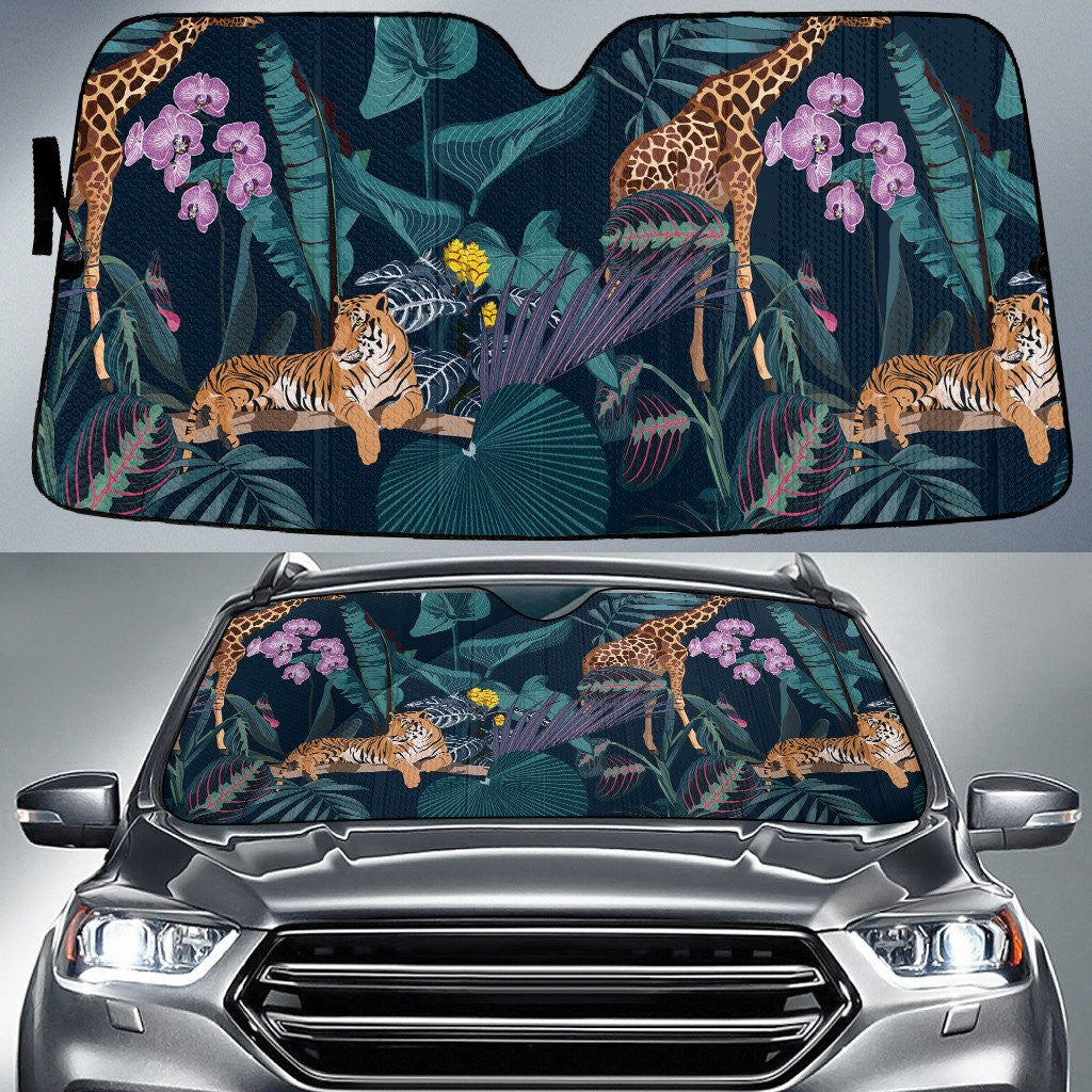 Lying Tiger And Giraffle In Forest Orchid Flower Car Sun Shades Cover Auto Windshield Coolspod