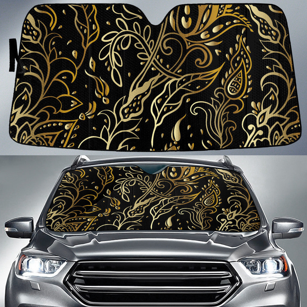 Black Gold Vintage Leaf Paisley Pattern Illustration Texture Car Sun Shades Cover Auto Windshield Coolspod