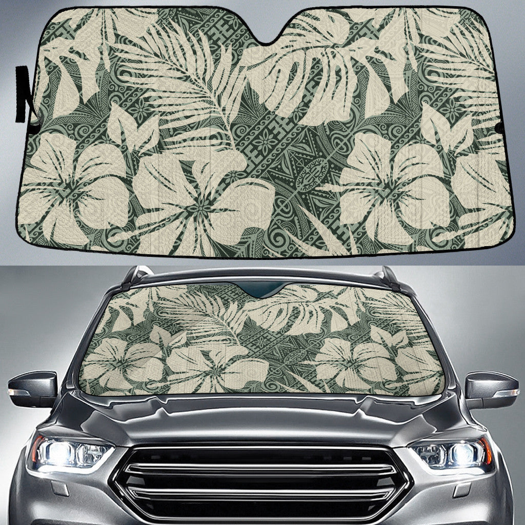 White Hawaiian Hibiscus Flower Over Green Tribal Pattern Car Sun Shades Cover Auto Windshield Coolspod