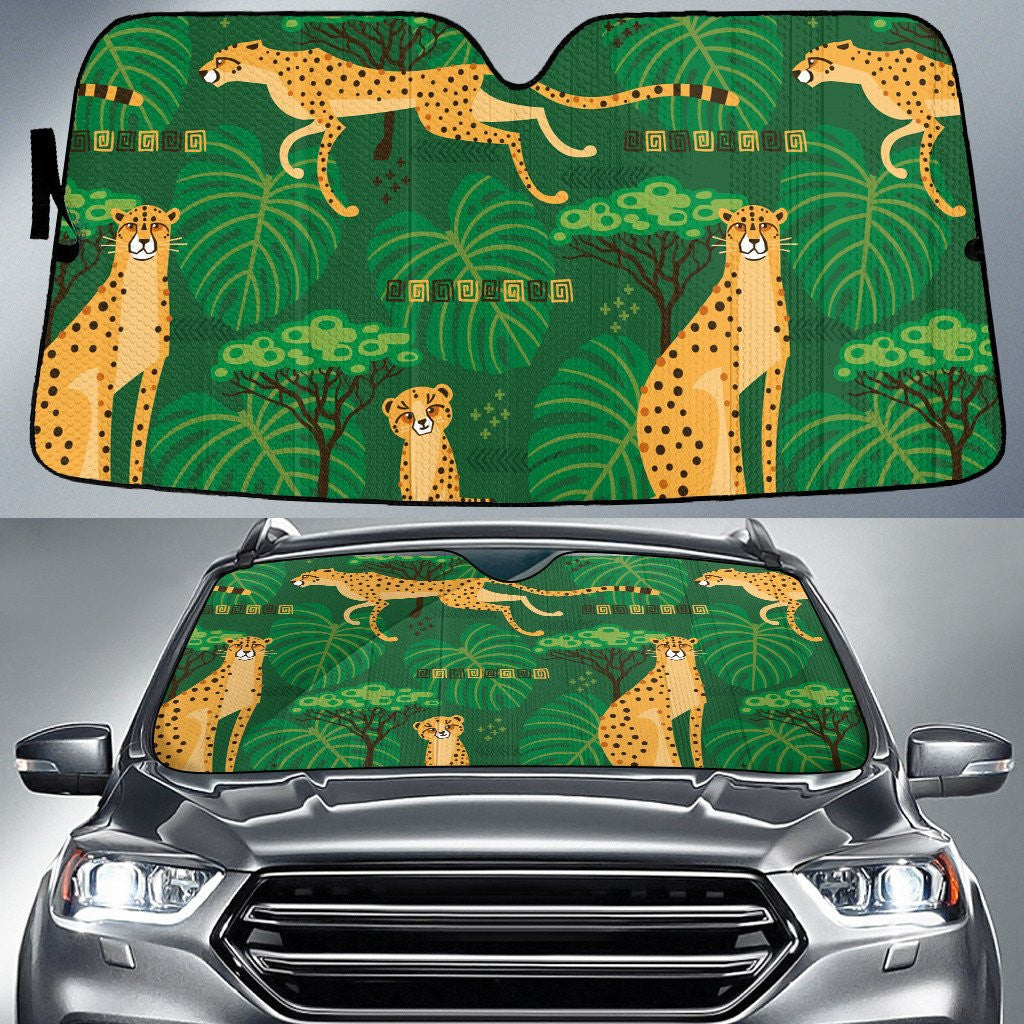 Mature Cheetah Green Monstera Leaf All Over Print Car Sun Shades Cover Auto Windshield Coolspod