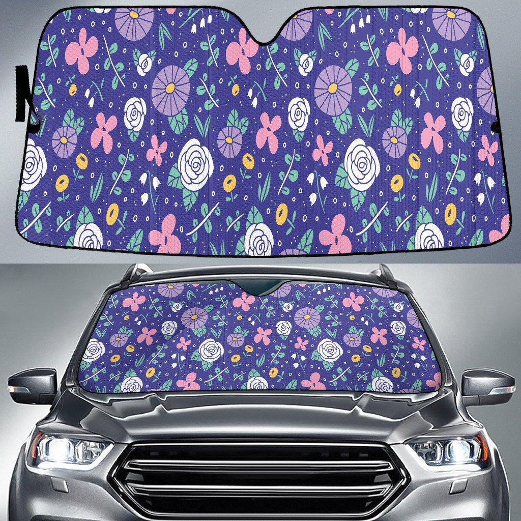 White Roses Over Flowers Cartoon Style Blue Car Sun Shades Cover Auto Windshield Coolspod