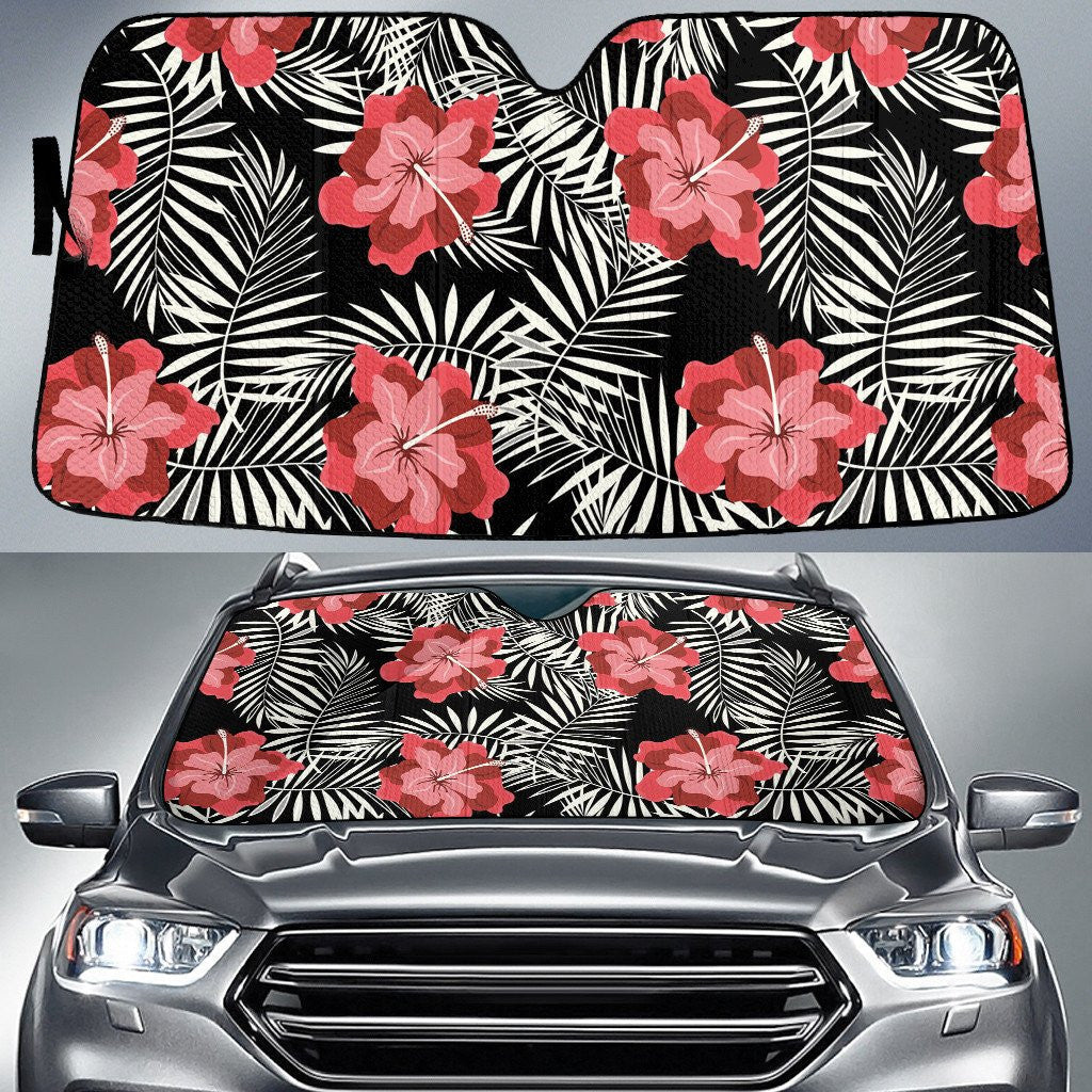 Red Hawaiian Hibiscus Flower And White Classic Palm Leave Car Sun Shades Cover Auto Windshield Coolspod