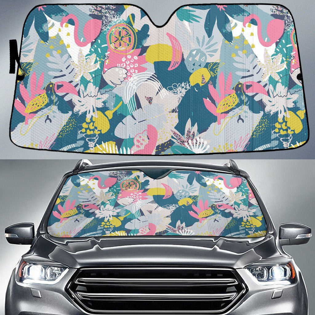 Pink Flamingo Animal Acera Tropical Leaf Colorful Drawing Style Car Sun Shades Cover Auto Windshield Coolspod