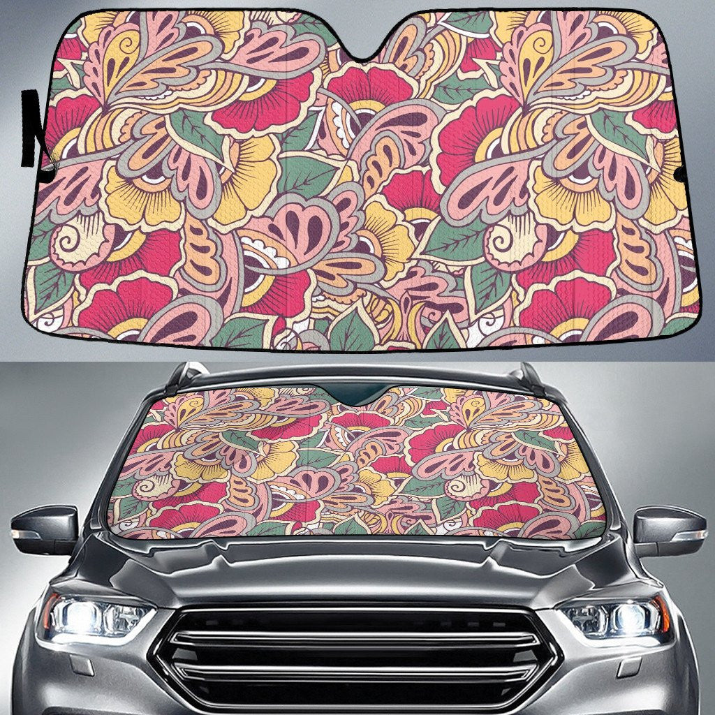 Colorful Leaf Paisley Pattern White Theme Car Sun Shades Cover Auto Windshield Coolspod