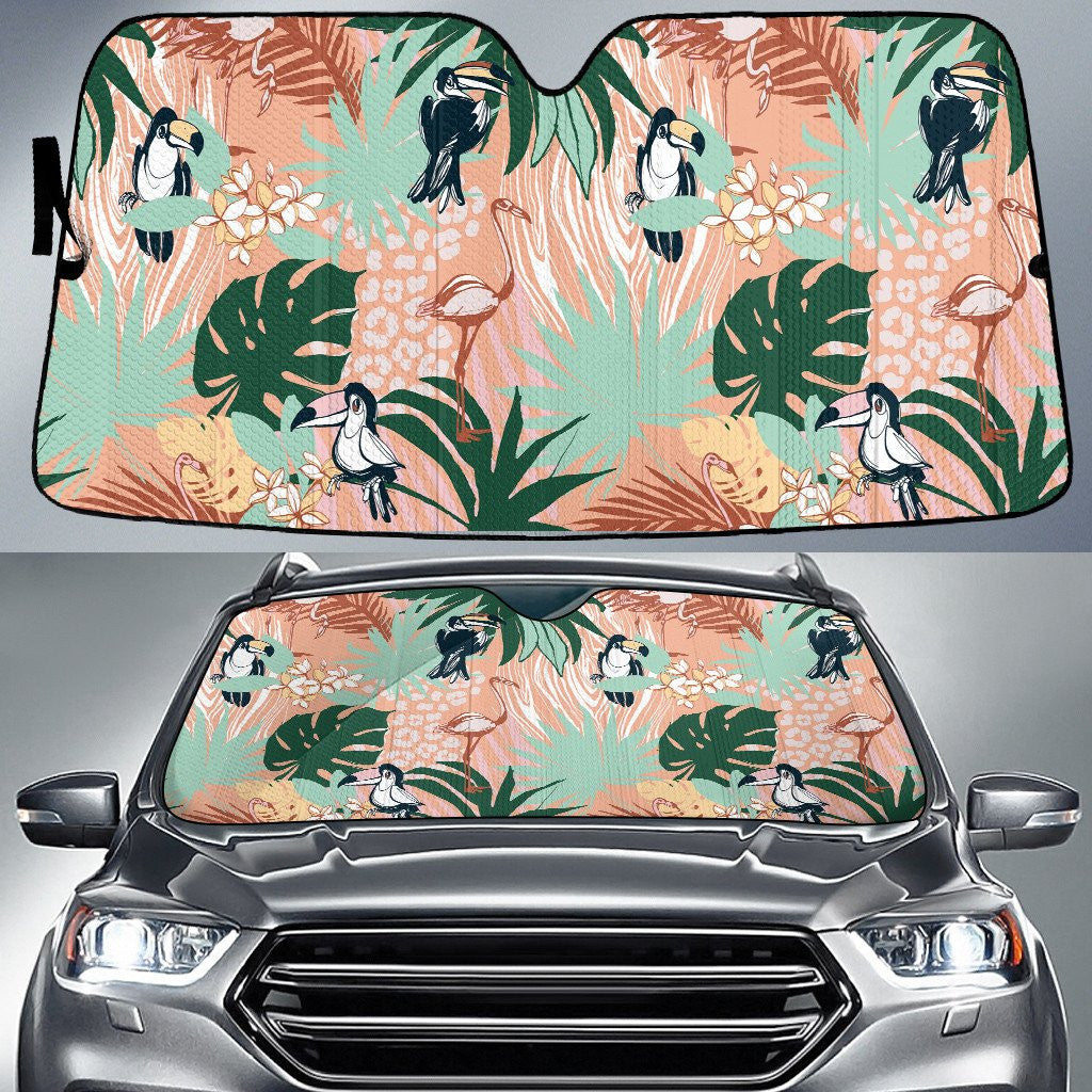 Couple Of Parrots And Flamingo Monstera Leaf Over Orange Leopard Skin Pattern Car Sun Shades Cover Auto Windshield Coolspod