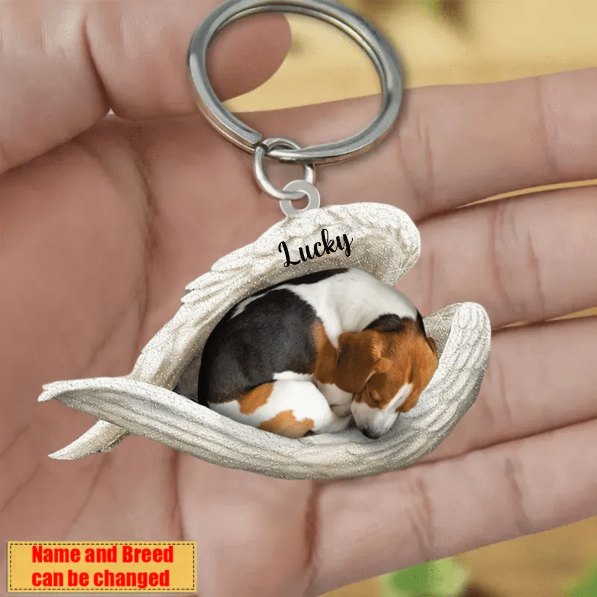 Personalized Beagle Sleeping Angle Keychain/ Custom Name Dog Acrylic Flat Keychain