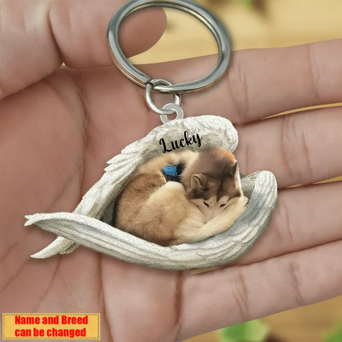 Personalized Husky Sleeping Angle Keychain/ Custom Name Dog Acrylic Flat Keychain