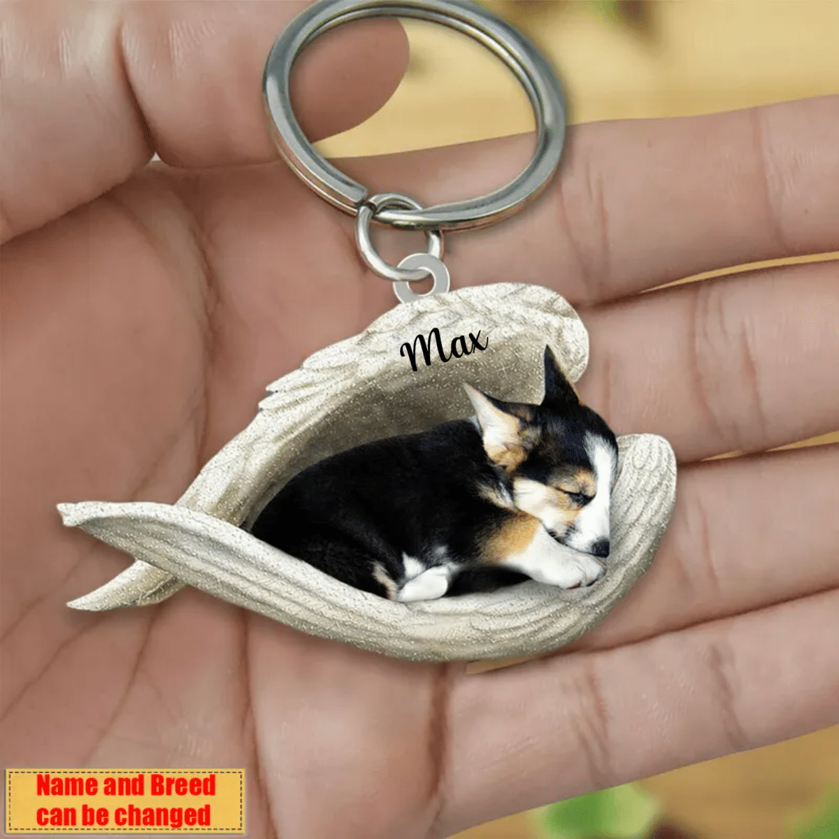 Personalized Corgi Sleeping Angle Keychain/ Custom Name Dog Acrylic Flat Keychain Memorial Keychain