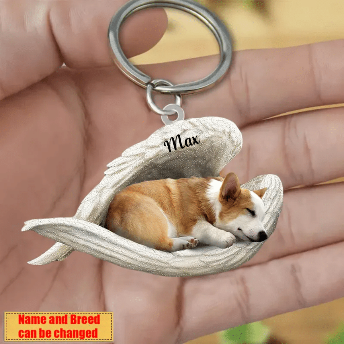 Personalized Corgi Sleeping Angle Keychain/ Custom Name Dog Acrylic Flat Keychain Memorial Keychain