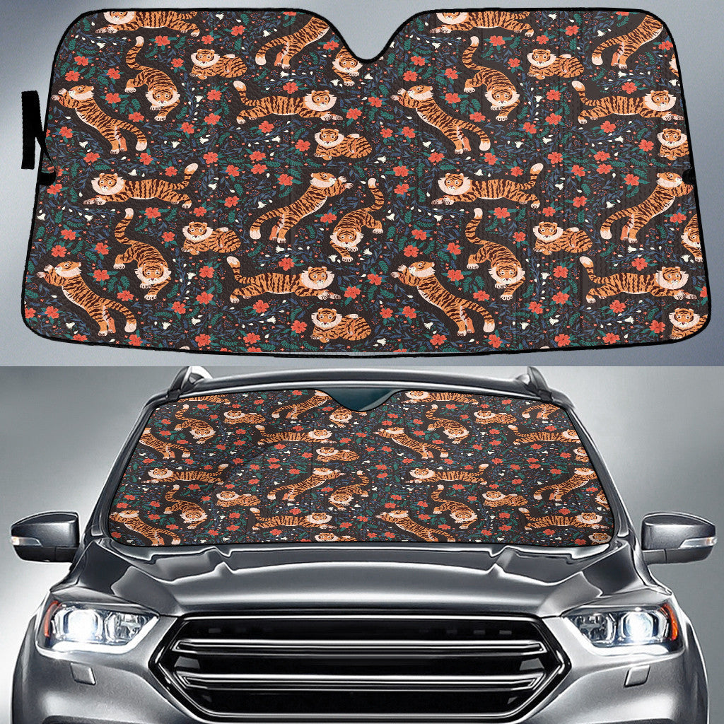 Tiny Tiger Baby Playing In Forest Flower Theme Car Sun Shades Cover Auto Windshield Coolspod