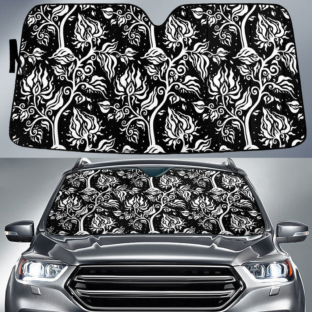 Black And White Line Tropical Flower Tree Plant Black Theme Car Sun Shades Cover Auto Windshield Coolspod