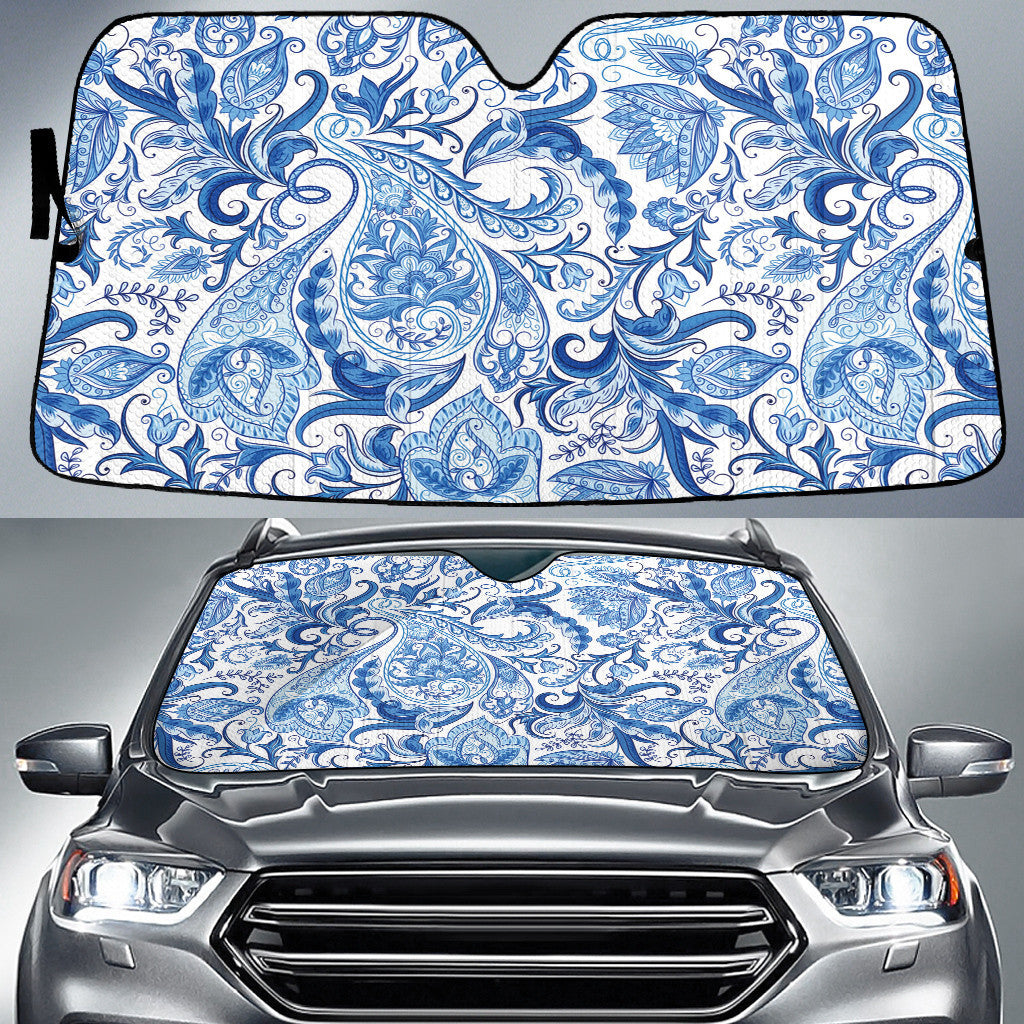 Blue Tone Tropical Flower And Leaves White Theme Car Sun Shades Cover Auto Windshield Coolspod