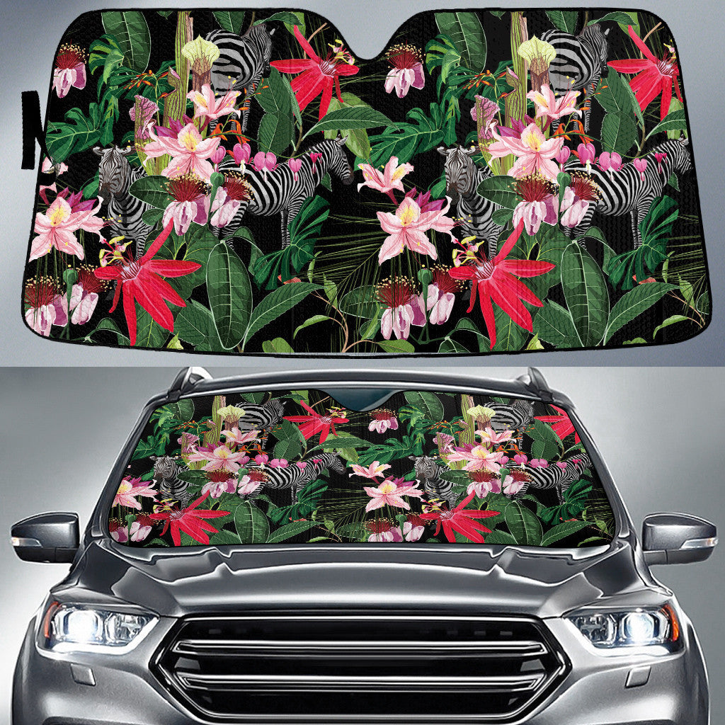 Friendly Zebra Animal Besides Colorful Lilies Flower Car Sun Shades Cover Auto Windshield Coolspod