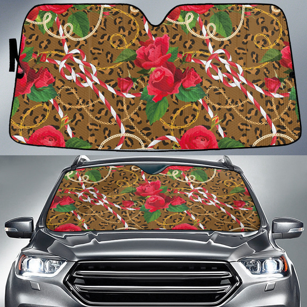 Red Roses Flower Over Ball Chain Brown Leopard Skin Theme Car Sun Shades Cover Auto Windshield Coolspod