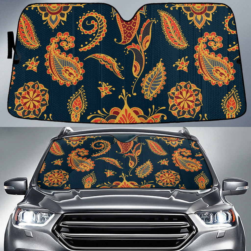 Orange Paisley Flower Pattern Navy Theme Car Sun Shades Cover Auto Windshield Coolspod