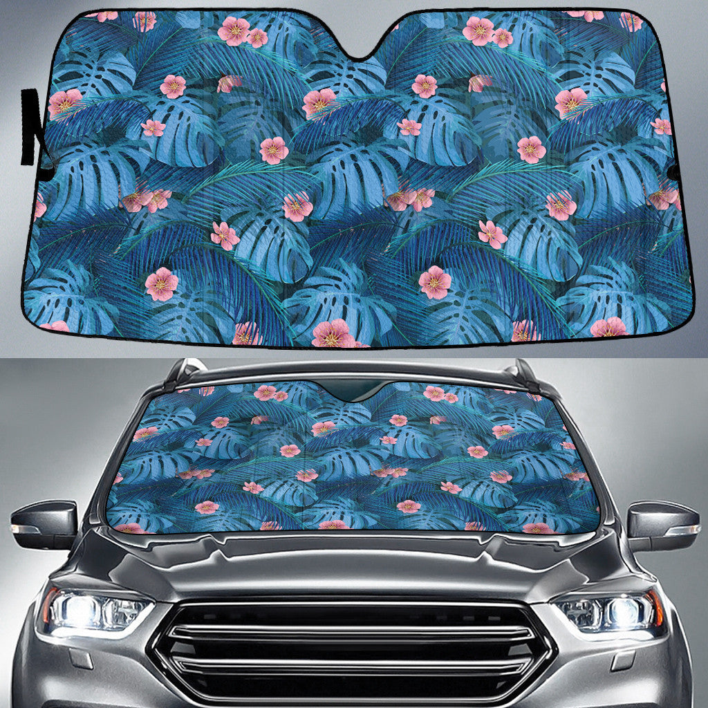 Tiny Pinky Plumeria Flower Over Monstera Leaf Blue Tone Car Sun Shades Cover Auto Windshield Coolspod
