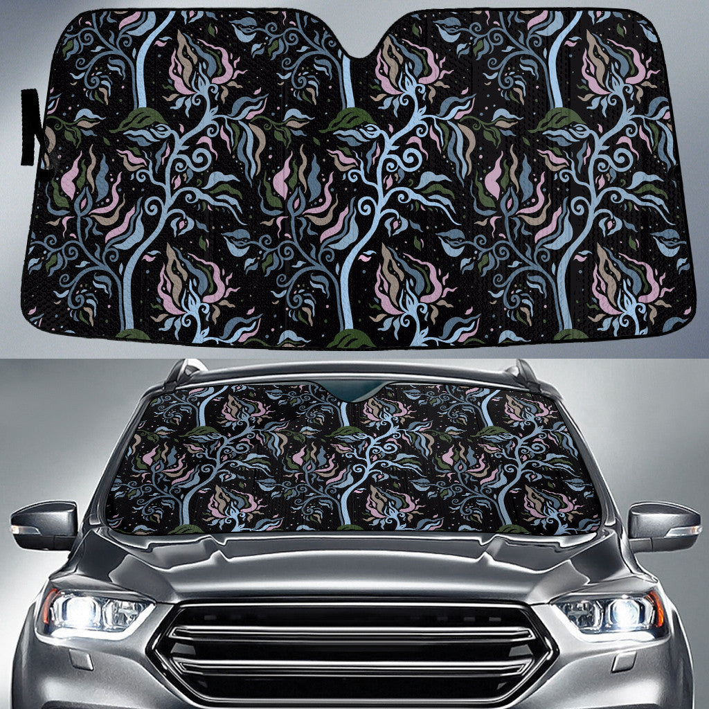 Blue And Pink Line Tropical Flower Tree Plant Black Theme Car Sun Shades Cover Auto Windshield Coolspod