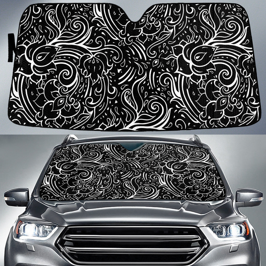 Black And White Line Tropical Flower Wave Pattern Black Theme Car Sun Shades Cover Auto Windshield Coolspod