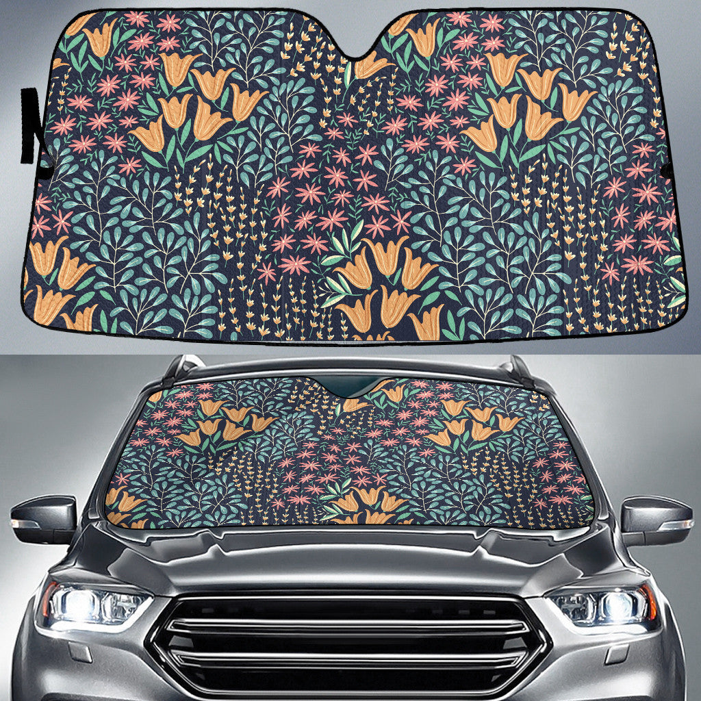 Yellow Tulip And Wildflower Over Green Tropical Leaf Car Sun Shades Cover Auto Windshield Coolspod
