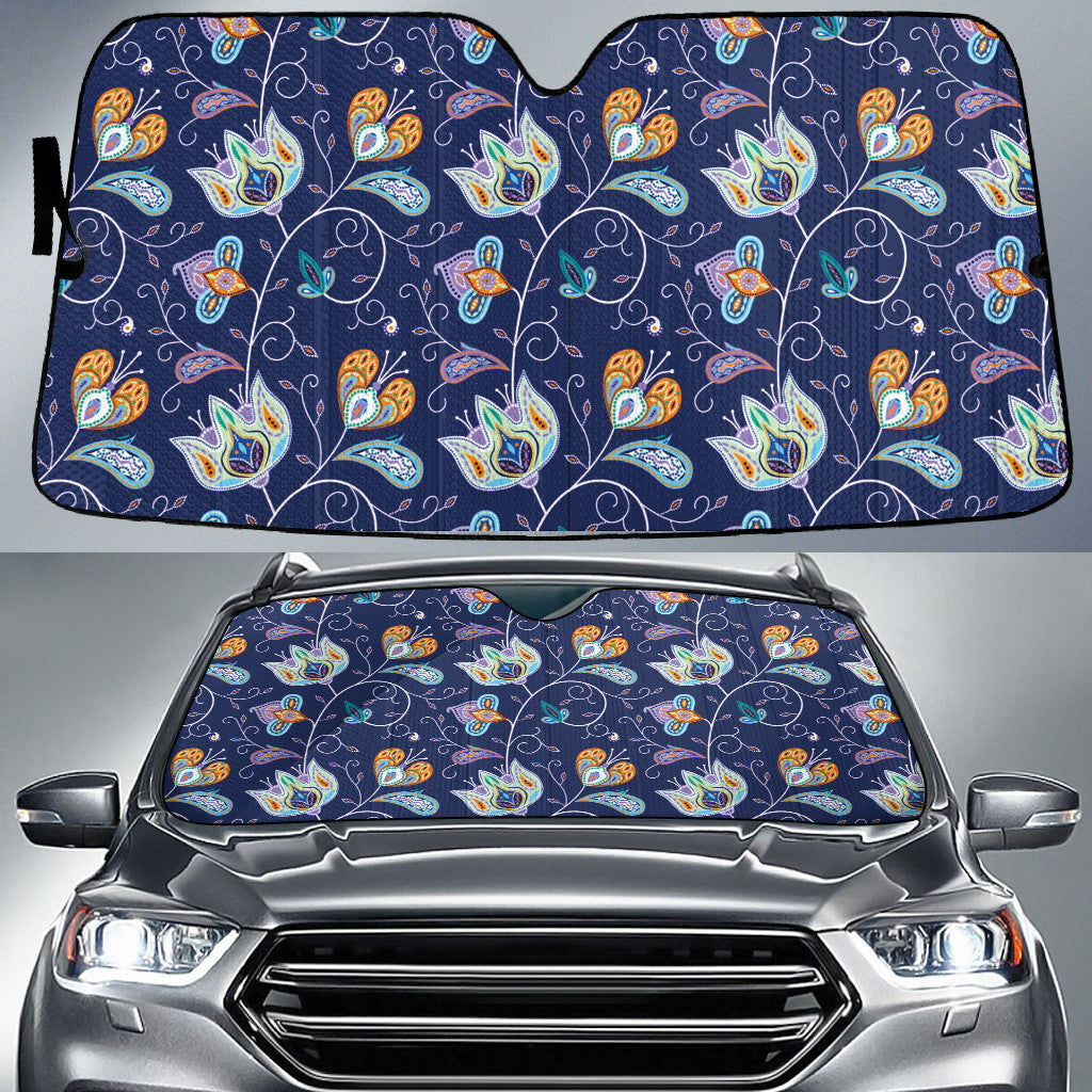 Blue Tone Tropical Flower And Butterflies Blue Theme Car Sun Shades Cover Auto Windshield Coolspod