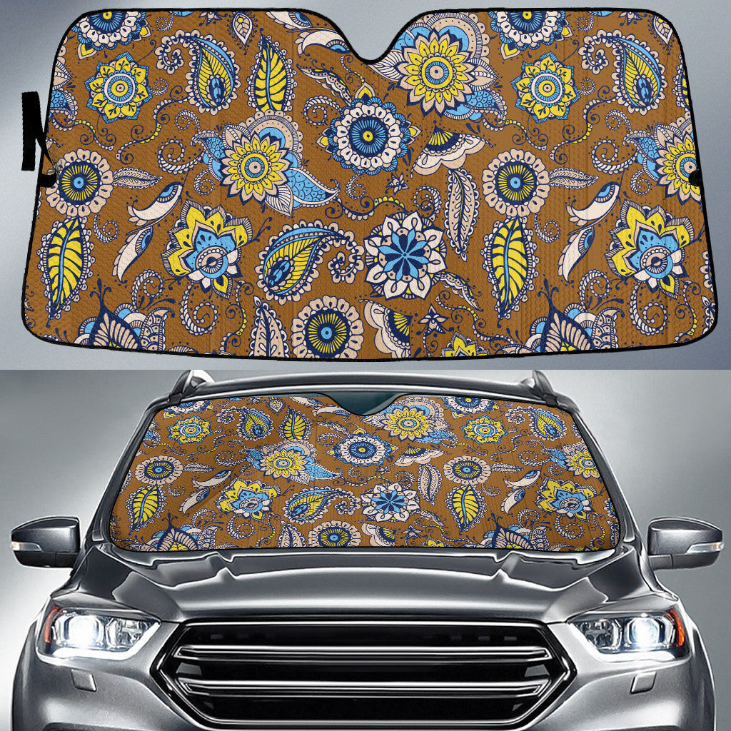 Yellow Tropical Flower Paisley Pattern Brown Theme Car Sun Shades Cover Auto Windshield Coolspod