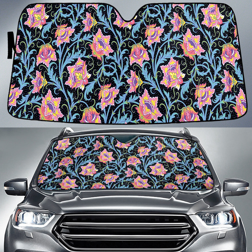 Orange Pink Tropical Flower Over Black Pattern Car Sun Shades Cover Auto Windshield Coolspod