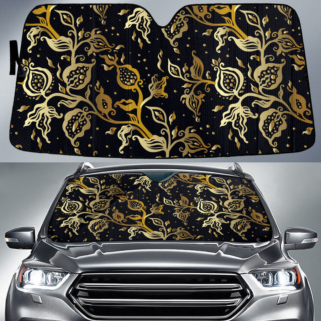Gold Line Tropical Flower And Buds Black Theme Car Sun Shades Cover Auto Windshield Coolspod