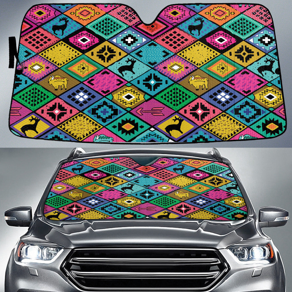 Buffalo And Deer Animal Colorful Checkered Board Car Sun Shades Cover Auto Windshield Coolspod