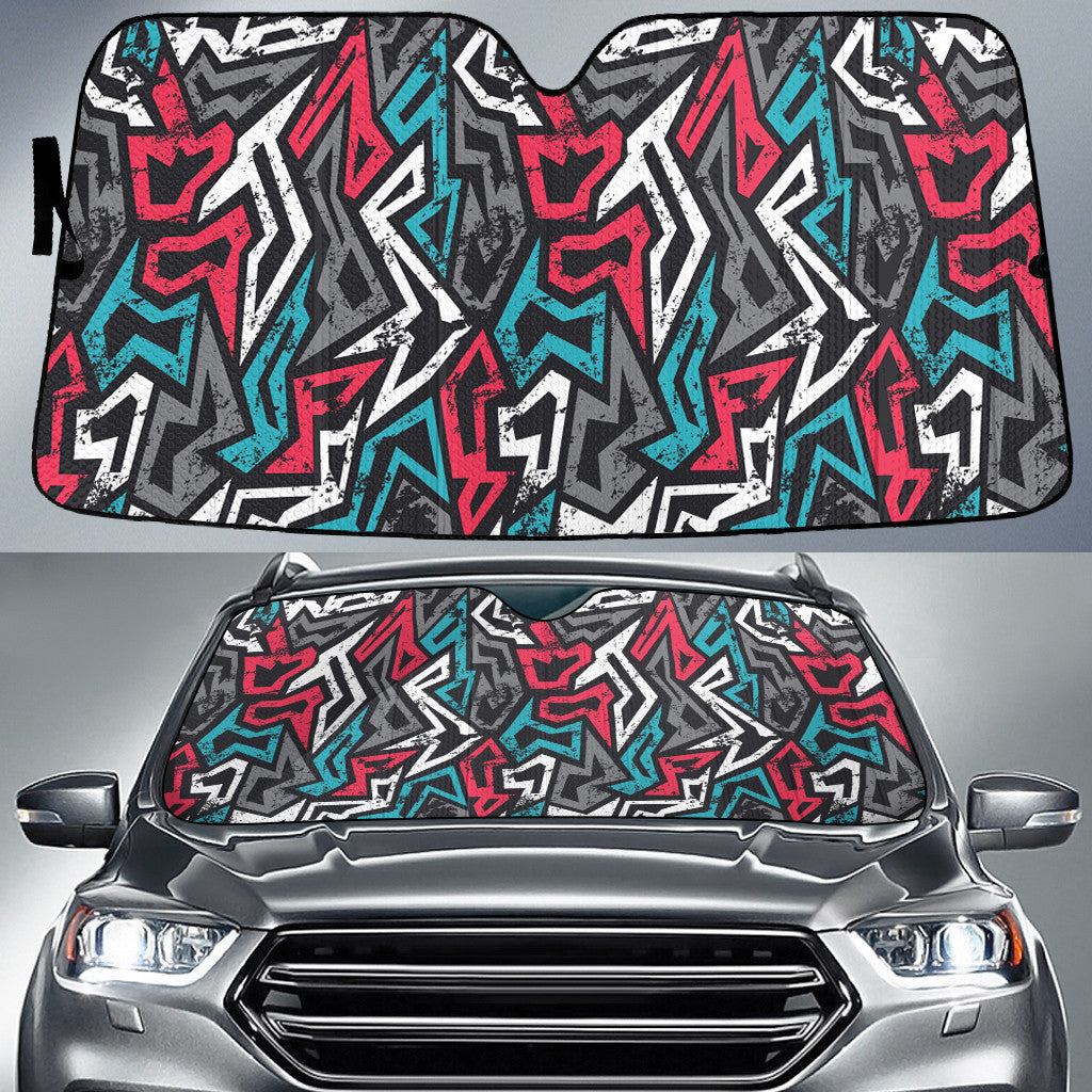 Grey Red Mint Grunge Graffiti Geometric Shapes All Over Print Car Sun Shades Cover Auto Windshield Coolspod